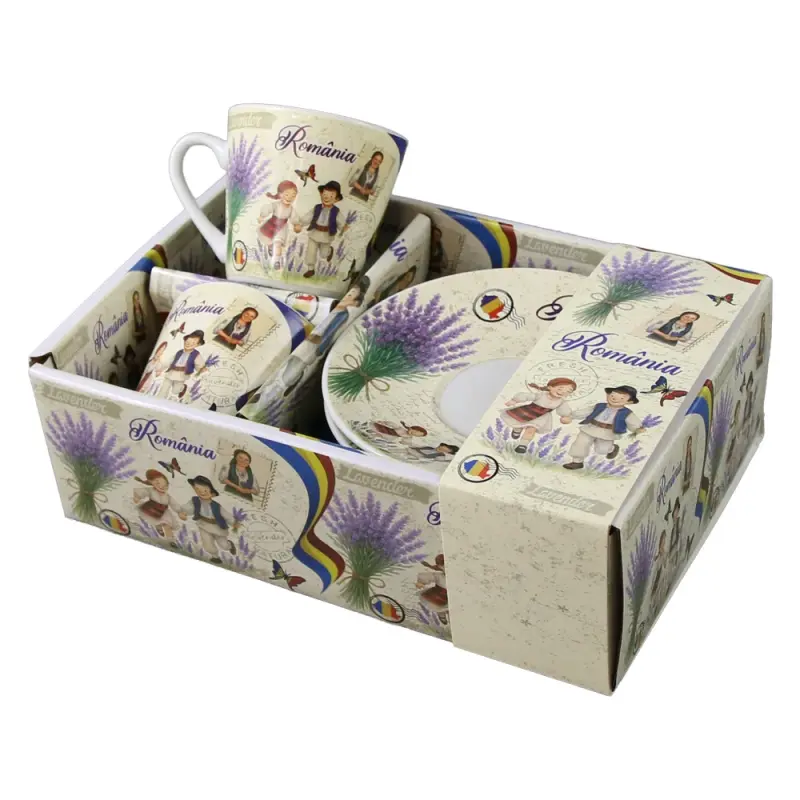 Set 2 cesti cafea cu farfurioare din ceramica, suvenir gift shop, 70 ml copii cu lavanda